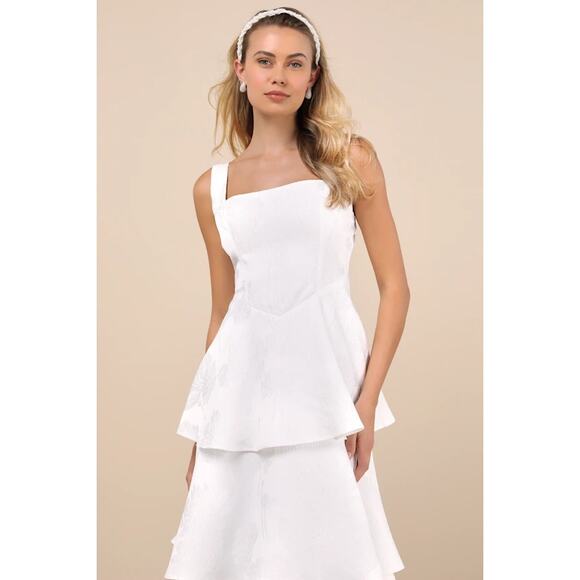 NWT Lulus Elinore White Jacquard Tiered Midi Dress Wedding Cocktail Size M - Picture 3 of 8
